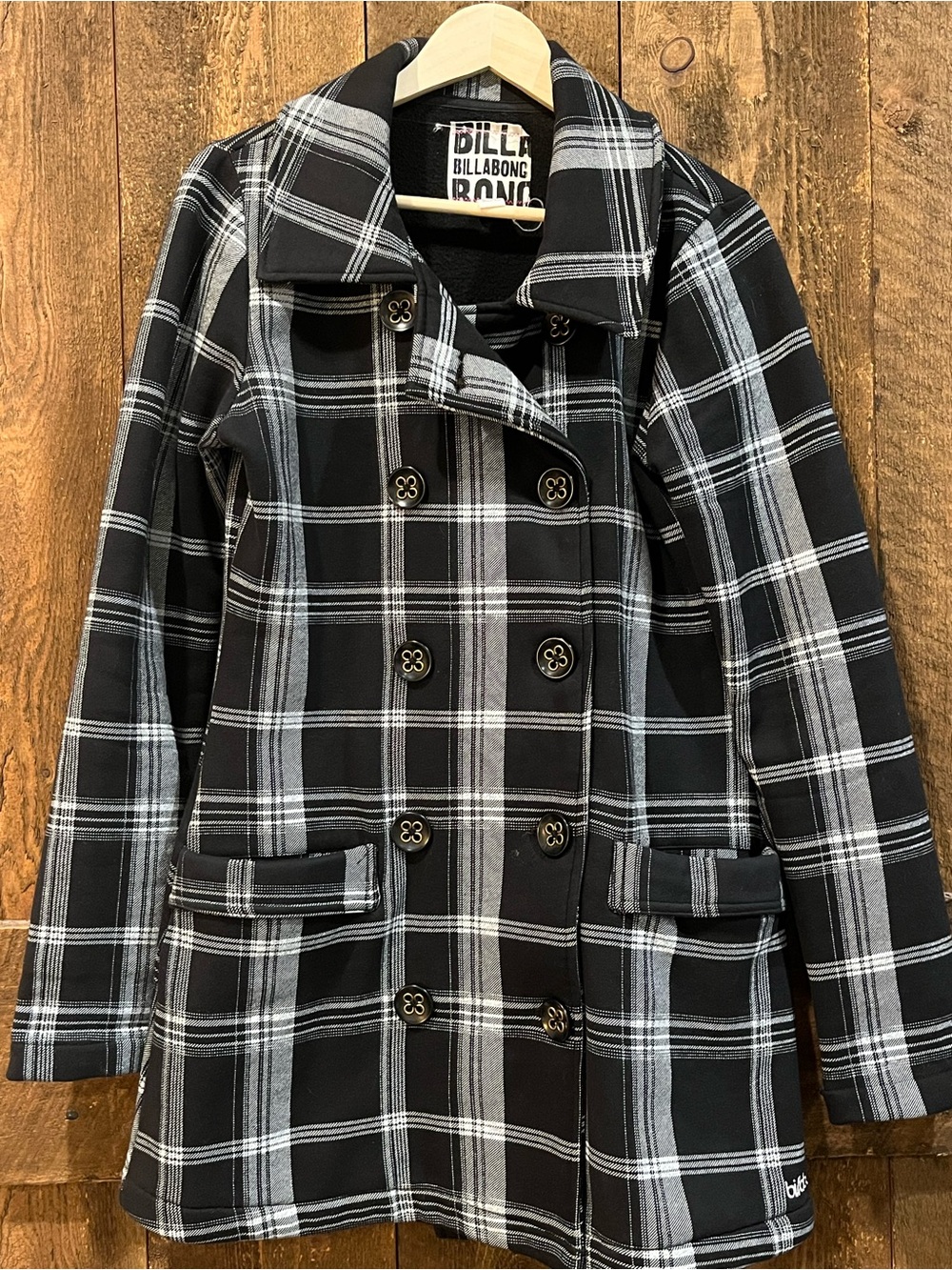 Billabong Black & White Plaid Double-Breasted Peacoat
